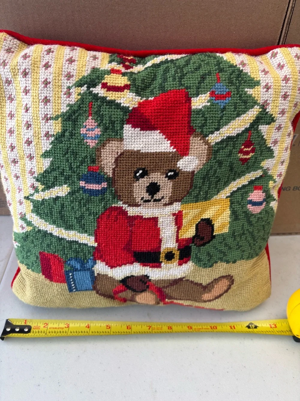 Holiday Teddy Bear Needlepoint Cushion - Red & Green